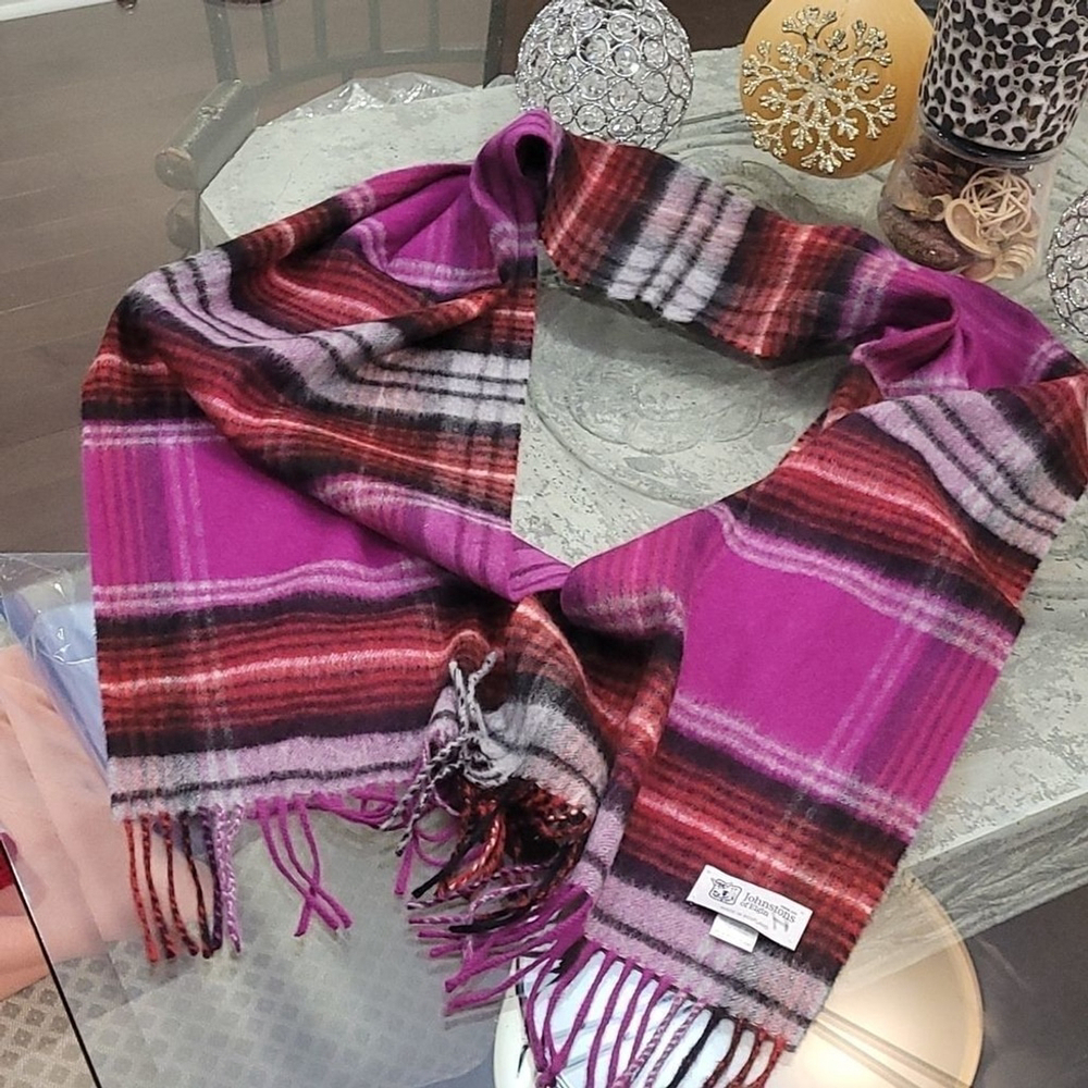 johnstons of Elgin Merino Wool and Angora Purple Tartan Fringed Scarf